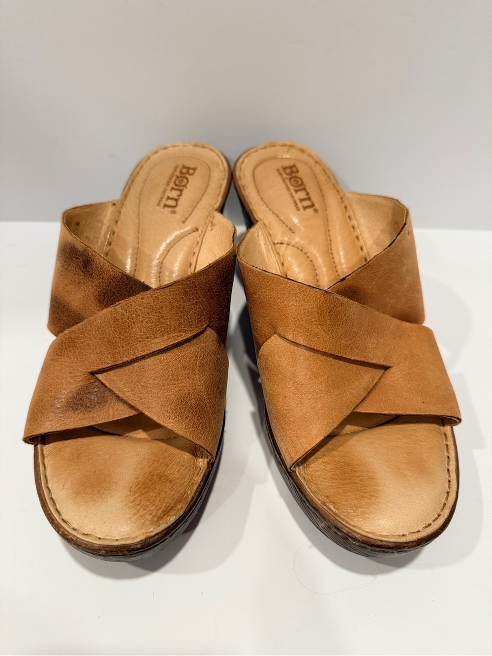 Born Women's Cognac Leather Crisscross Slide Mules